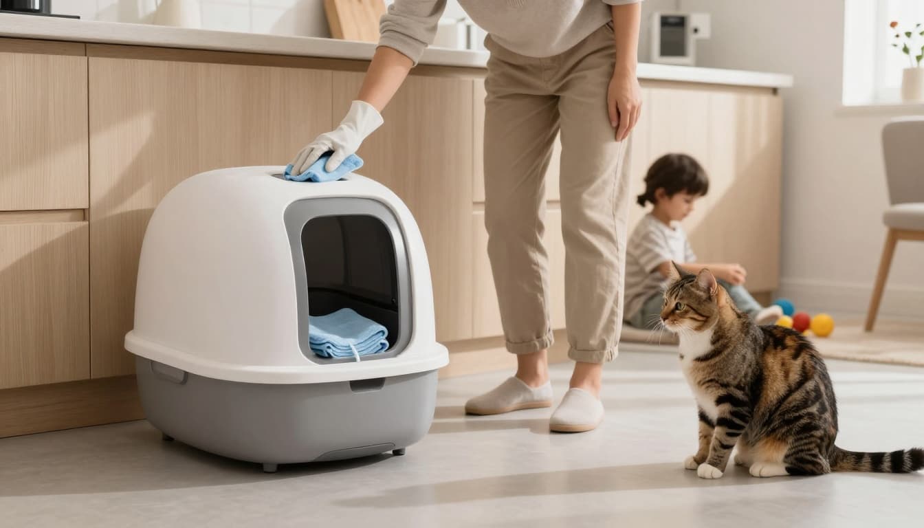 In a bright minimalist Scandinavian kitchen with neutral tones and natural light, a gloved person cleans a modern litter box as a tabby cat watches from a perch, with a child safely playing in the background emphasizing hygiene and family pet care.