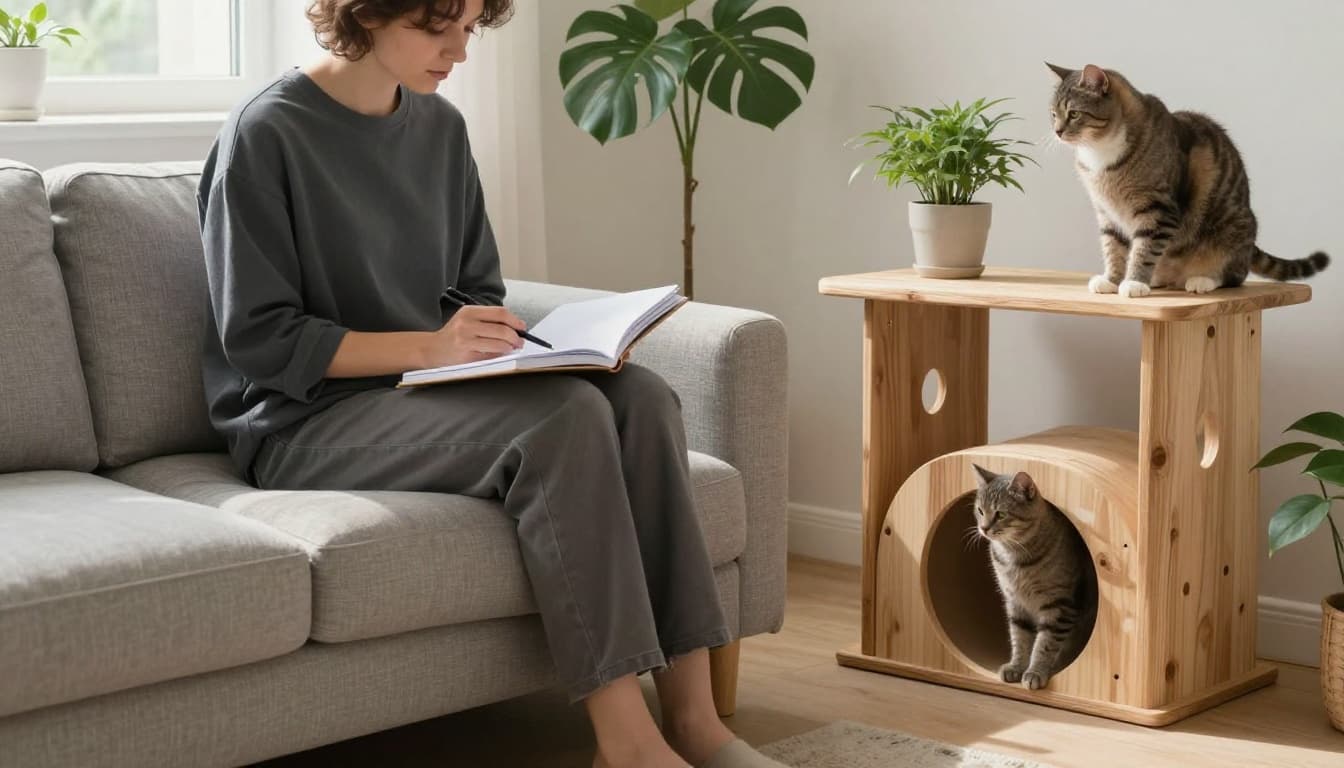 In a sunlit modern Scandinavian living room, a person sits comfortably on a light gray sofa, writing notes in an open notebook, while a gray cat plays peacefully on a nearby wooden cat tree amid minimalist warm decor.