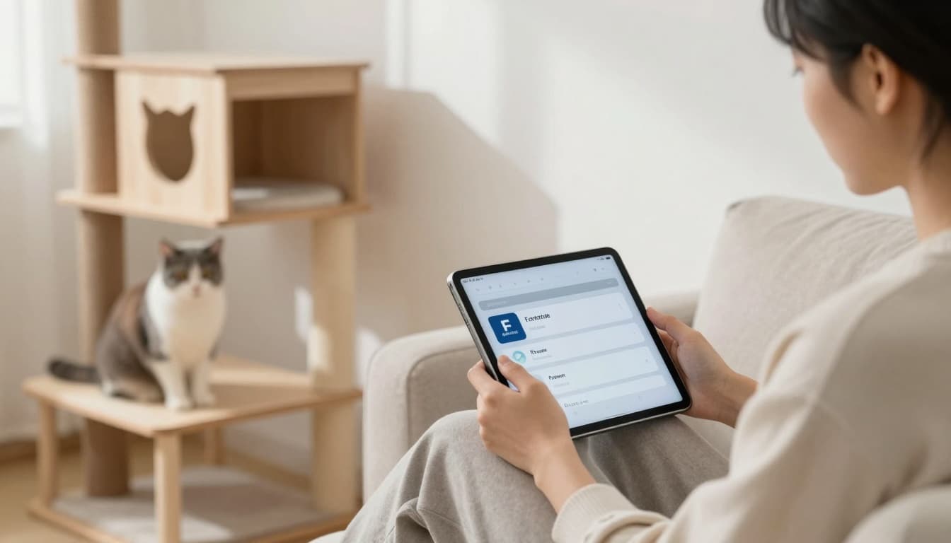 Premium lifestyle photo of a bright minimalist Scandinavian living room where a relaxed person adjusts tablet sliders for franchise, ceiling, and prevention options, with a serene cat on a premium wooden cat tree.
