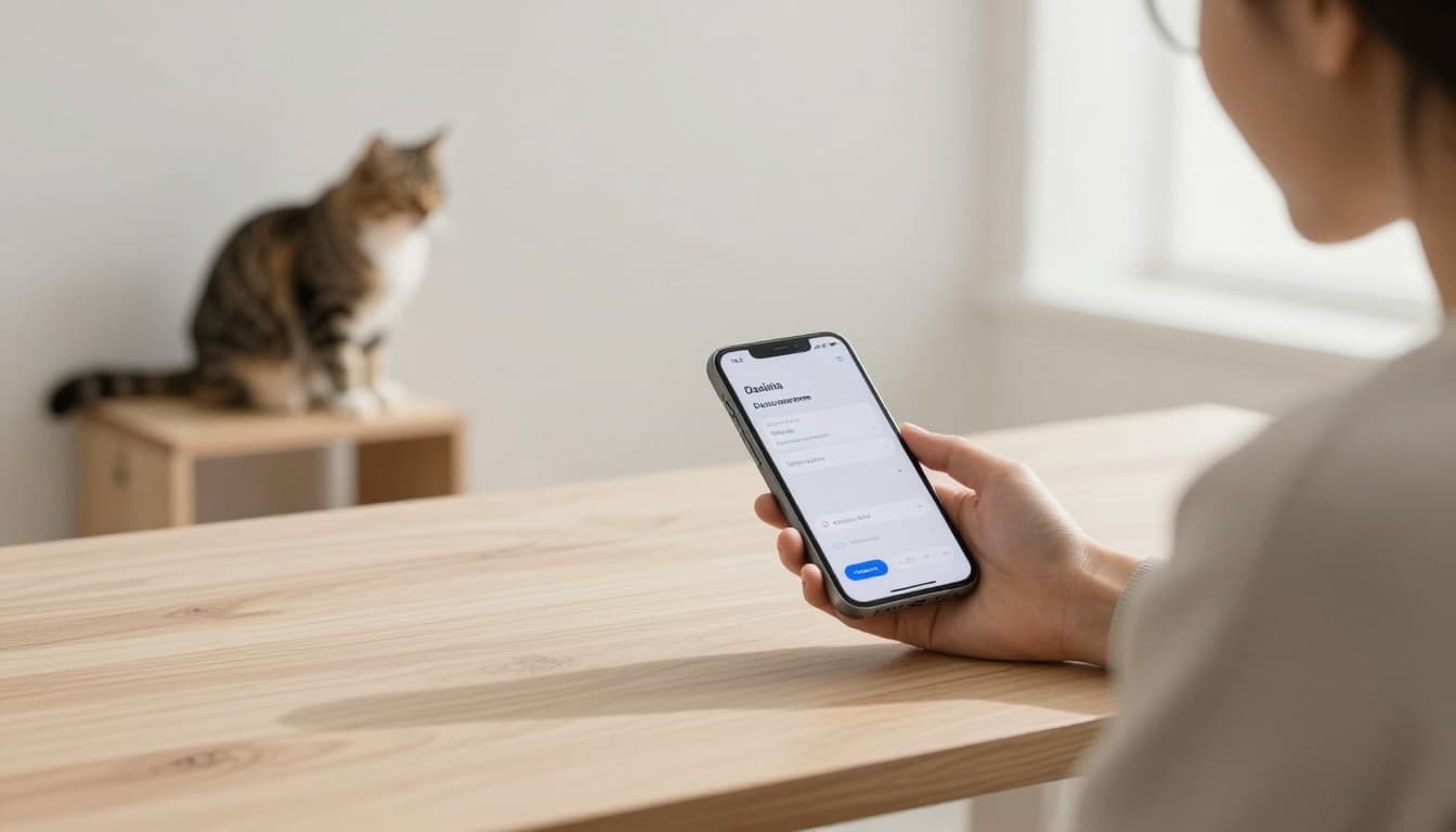 In an épuré yet chaleureux Scandinavian living room with soft natural light and neutral palette of light wood, beige, and pale gray, a relaxed person compares two insurance quotes on their smartphone, observed by a curious cat from a design wooden perch. The minimalist decor and premium realistic lifestyle photo evoke a cosy, confident, and détendu mood.