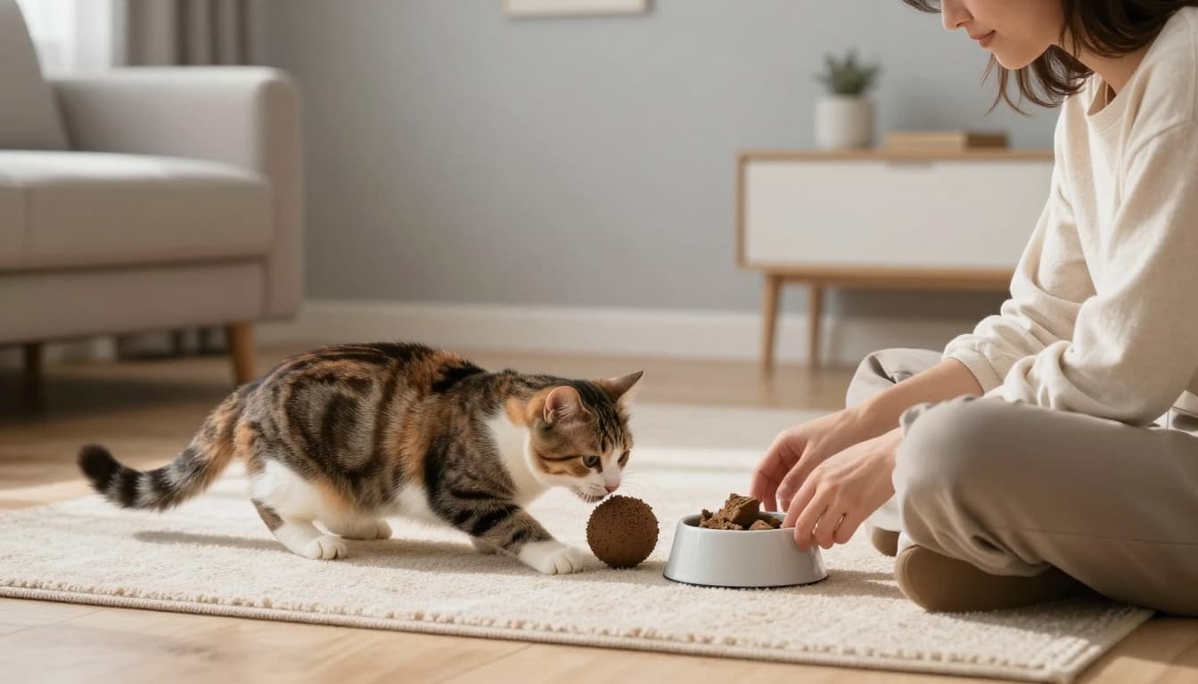 Owner sits on light wood floor next to playful cat in minimalist Scandinavian living room, discreetly checking bowl of fresh stool while cat plays with toy. Abundant natural light, warm elegant mood, realistic photography.