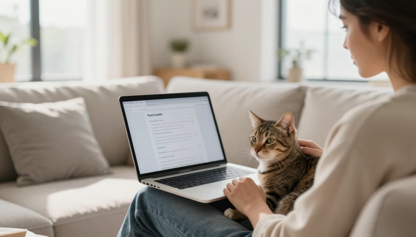 A cozy modern living room in Scandinavian style with a person holding a relaxed tabby cat on their lap while viewing a pet health page on a laptop, bathed in natural light.
