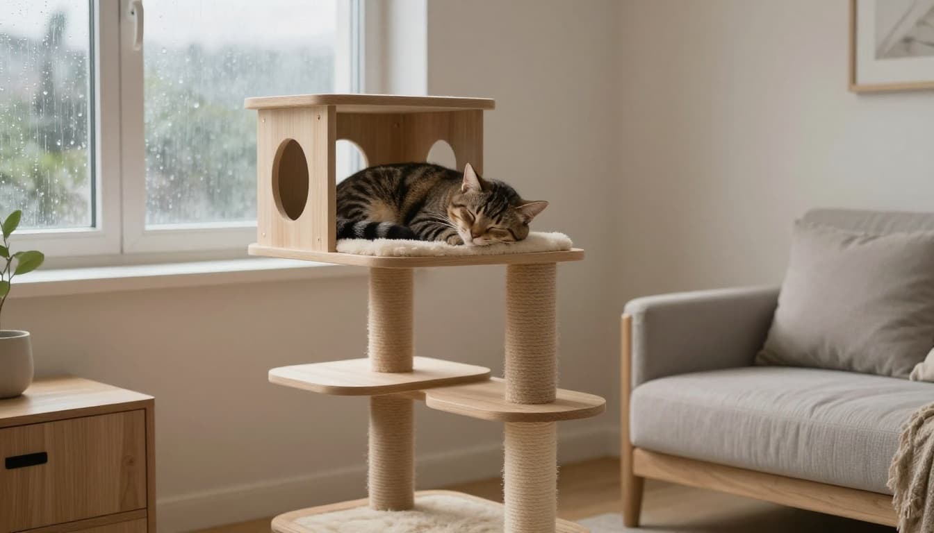 A cozy adult tabby cat curled up sleeping peacefully on a premium solid wood cat tree platform near a large window showing rainy weather with droplets on the glass. Soft natural light filters in, creating a warm glow in a minimalist Scandinavian living room with neutral colors and cozy atmosphere.
