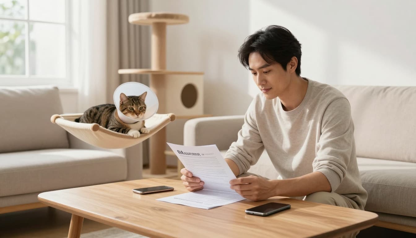 A relaxed owner reviews insurance papers in a bright Scandinavian living room while a post-operative tabby cat with soft cone collar rests on a premium cat tree hammock, evoking a warm, elegant mood.