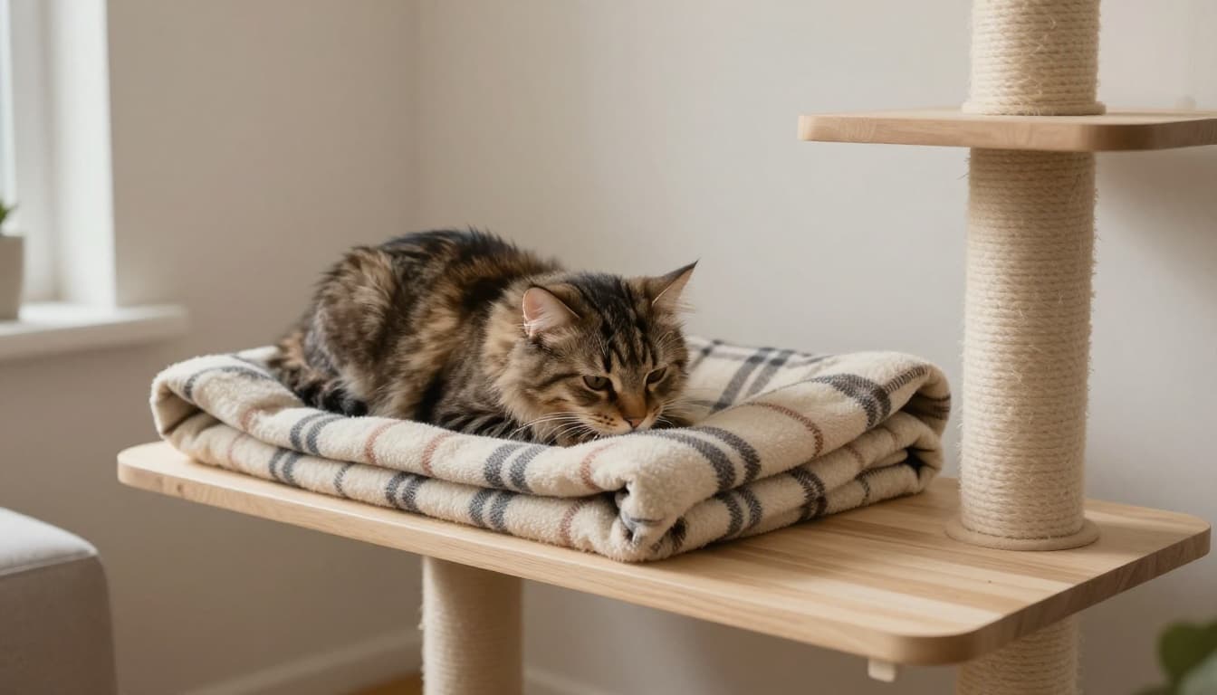 A fluffy tabby cat sniffs and rubs against a soft plaid blanket on an elevated wooden platform of a premium cat tree in a bright modern Scandinavian living room.