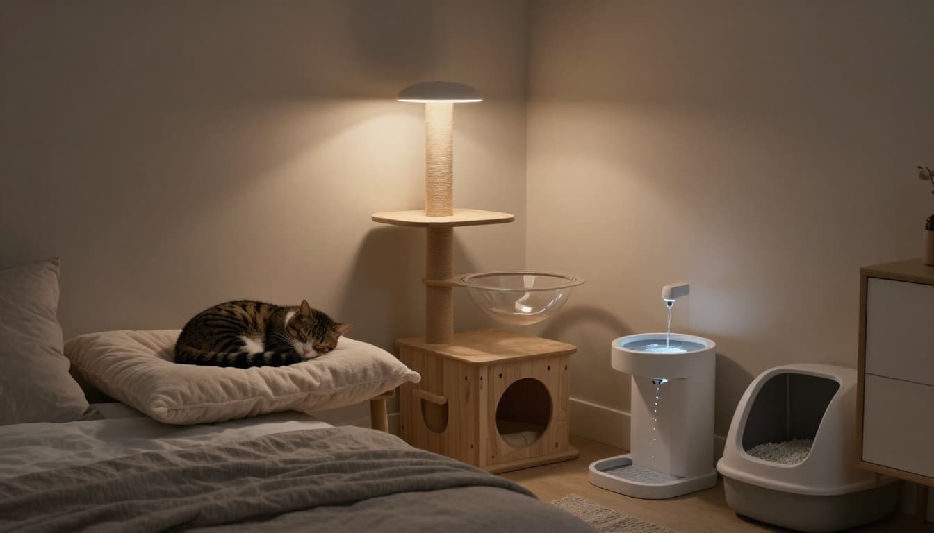 Peaceful tabby cat curled up sleeping in a plush bed on a stylish light wood cat tree in a minimalist Scandinavian bedroom at night, illuminated by soft LED glow with bubbling fountain and clean litter box nearby.