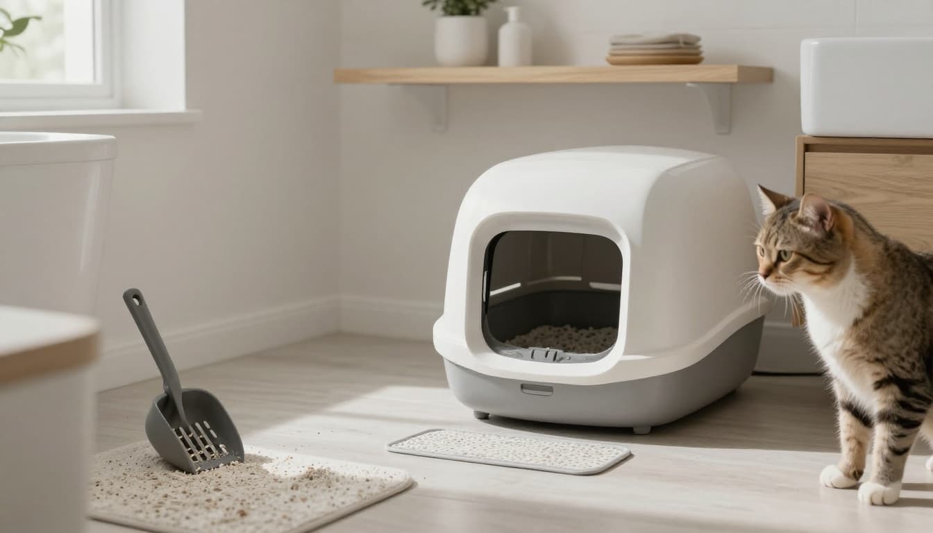 Close-up in a cozy Scandinavian bathroom with soft natural light and minimalist decor, showing a small modern litter box looking cramped, dirty litter scoop, scattered litter on mat, and a hesitant stressed cat nearby.