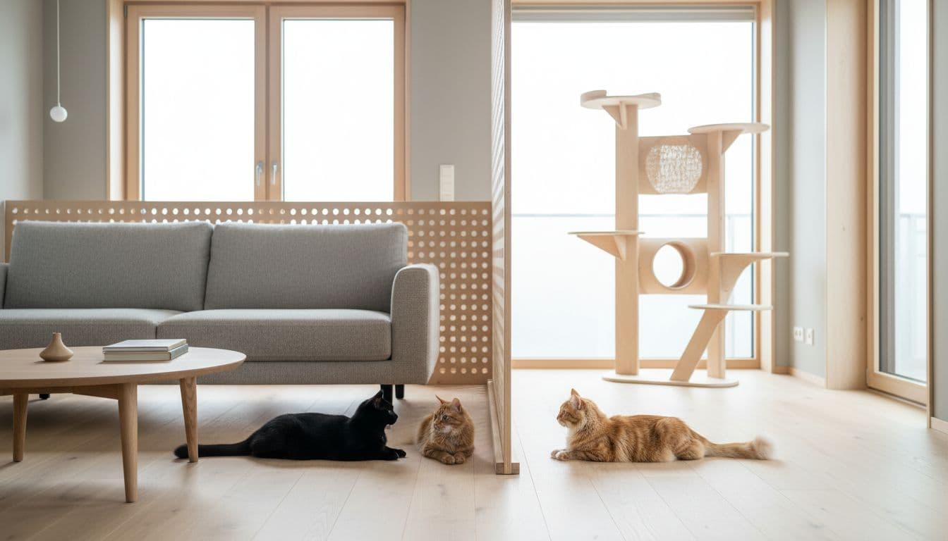 In a premium lifestyle photograph of a modern Scandinavian living room with natural light and minimalist cozy decor, a black cat and a ginger cat curiously gaze at each other through a fine grid in an open space, with a stylish cat tree harmoniously integrated in the background.