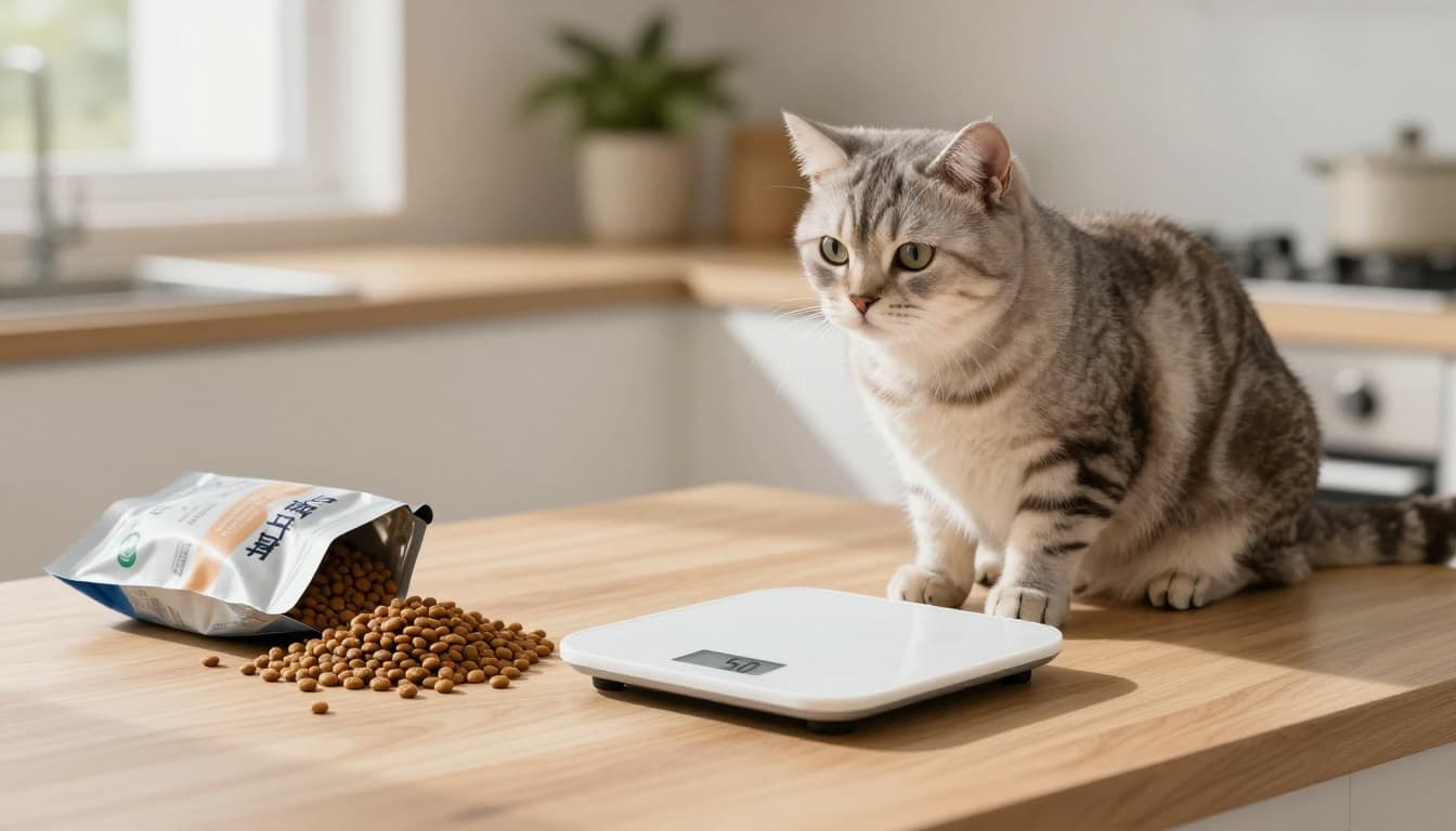 A sleek domestic cat sits curiously beside a digital kitchen scale showing 50 grams, with a pile of measured kibble and an open pouch of wet cat food on a light oak countertop in a modern Scandinavian kitchen. Bright natural morning light creates a warm, cozy minimalist atmosphere.