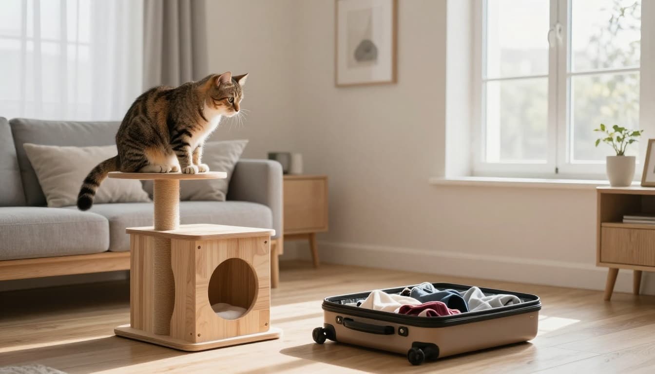A curious domestic cat perched on a premium wooden cat tree in a bright Scandinavian living room intently watches an open suitcase partially packed with clothes.