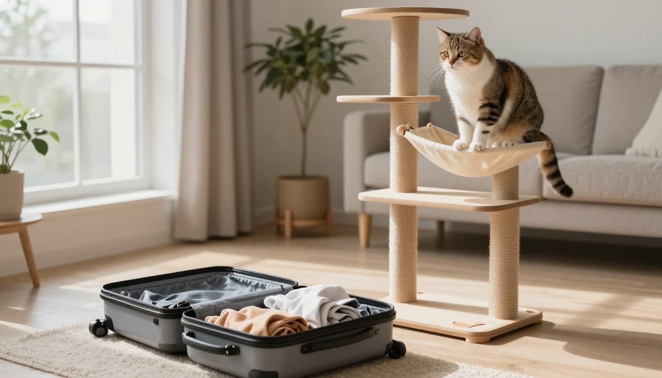 A curious domestic shorthair cat perches relaxed on a premium wooden cat tree, intently watching an open suitcase being packed with clothes in a bright Scandinavian living room with minimalist decor.