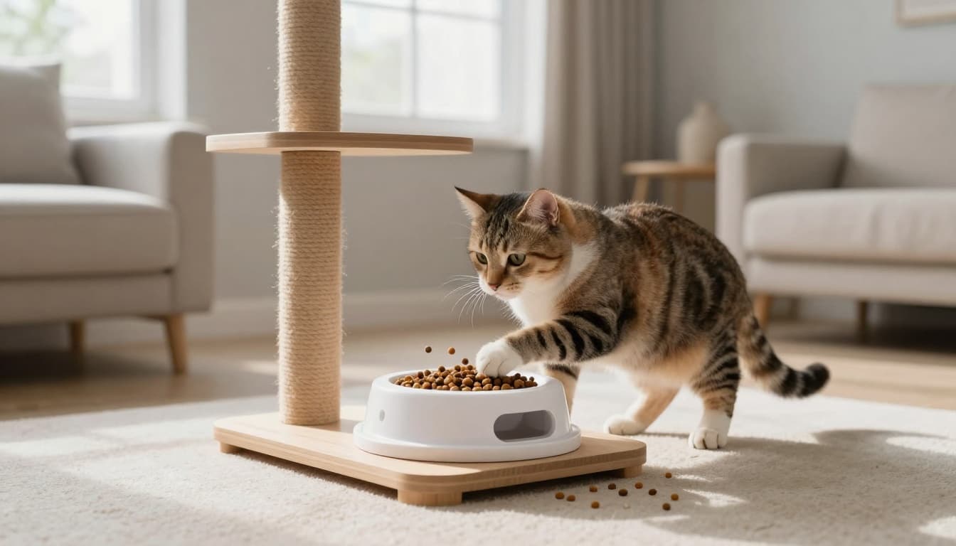 A curious domestic cat playfully interacts with a food puzzle toy feeder on a solid wood cat tree platform in a modern Scandinavian living room with natural light and minimalist decor.