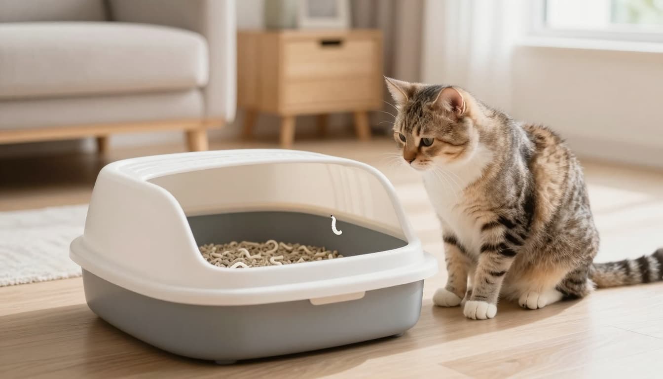 A calm domestic cat attentively inspects its litter box with subtle white worm segments indicating deworming effect, in a bright minimalist Scandinavian living room with natural light and cozy atmosphere.