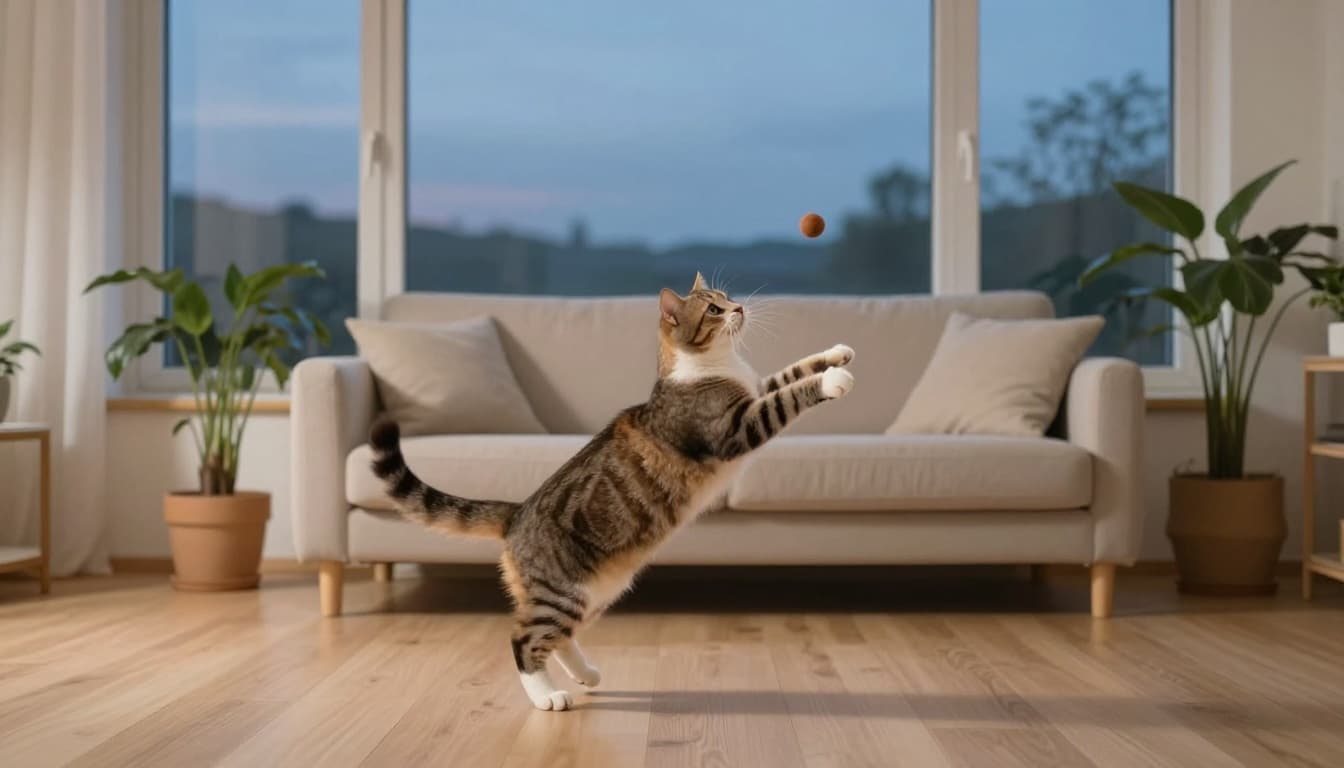 A curious cat stretches and energetically leaps after a toy in a bright Scandinavian living room at dusk, featuring large windows with twilight sky, light wood floors, beige sofa, potted plants, warm cozy atmosphere, and minimalist decor.