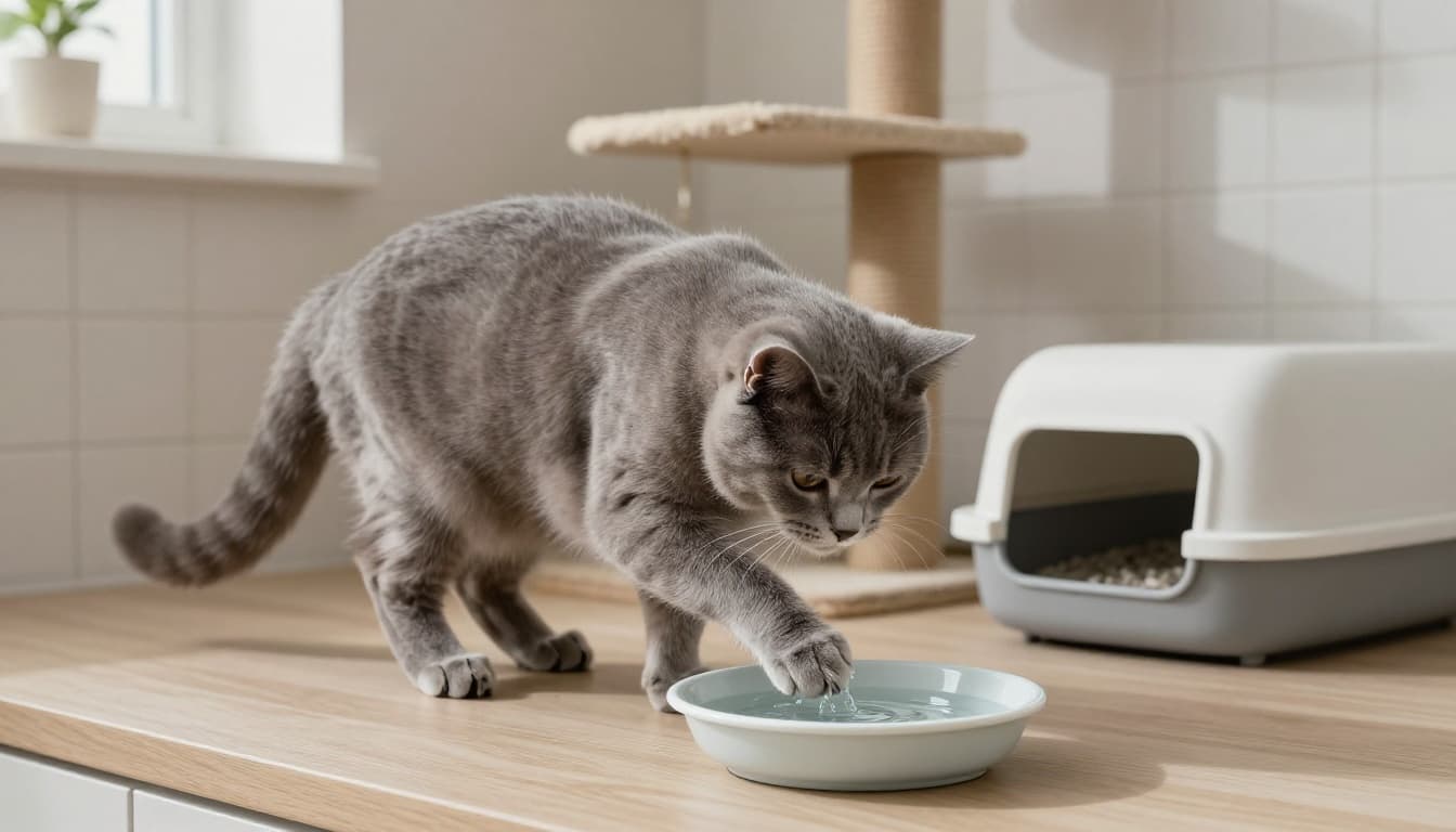 A curious short-haired cat gently dips its paw into a shallow water dish near clean food bowls in a modern Scandinavian kitchen with neutral tones and bright natural light.