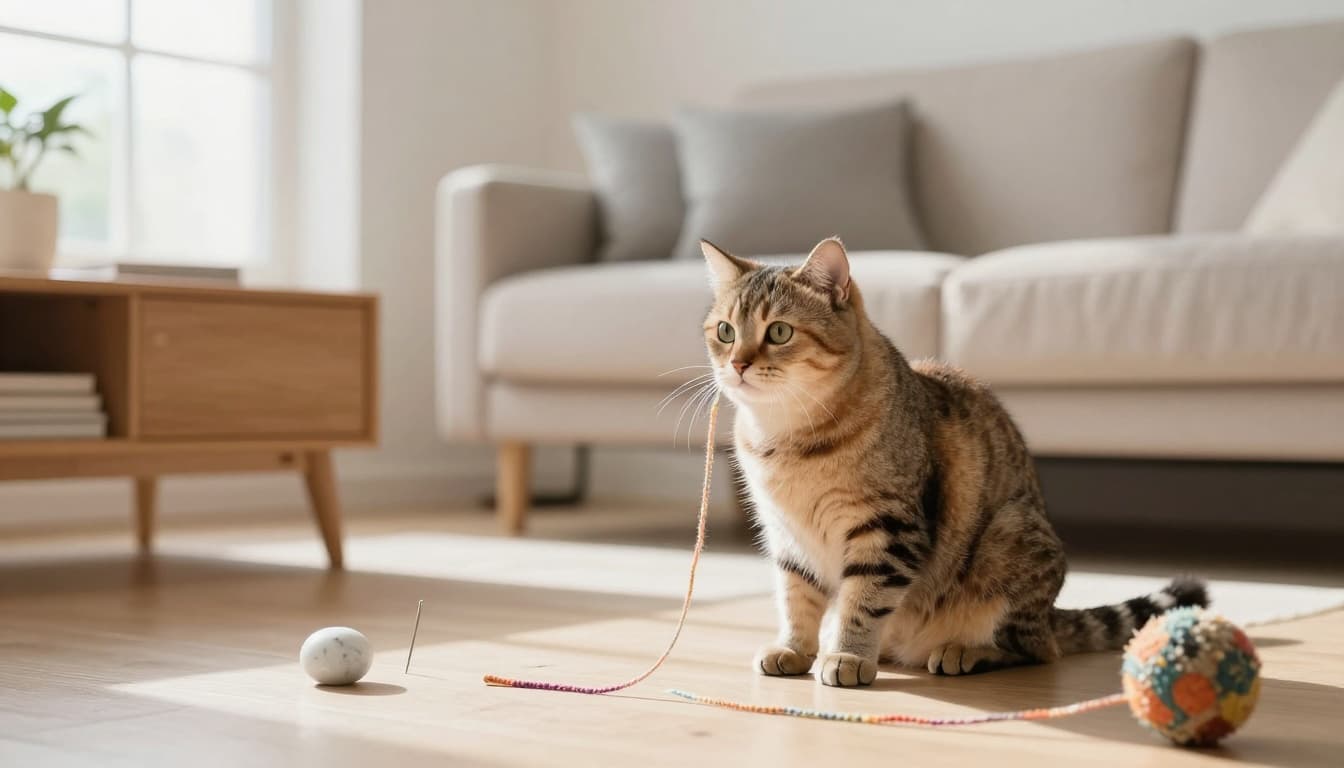 A curious domestic cat sits on the floor in a bright, minimalist Scandinavian living room, intrigued by a dangling colorful string amid household objects like a marble and toy ball.