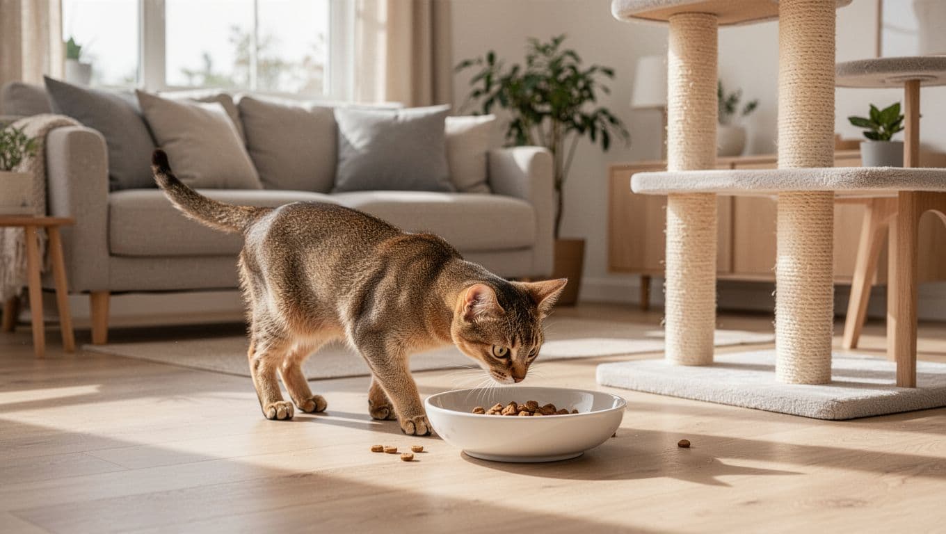 An elegant adult cat with sleek fur sniffs curiously at small portions of kibble in a shallow white ceramic bowl on the light wooden floor of a bright, minimalist Scandinavian living room with cozy sofa and modern cat tree.