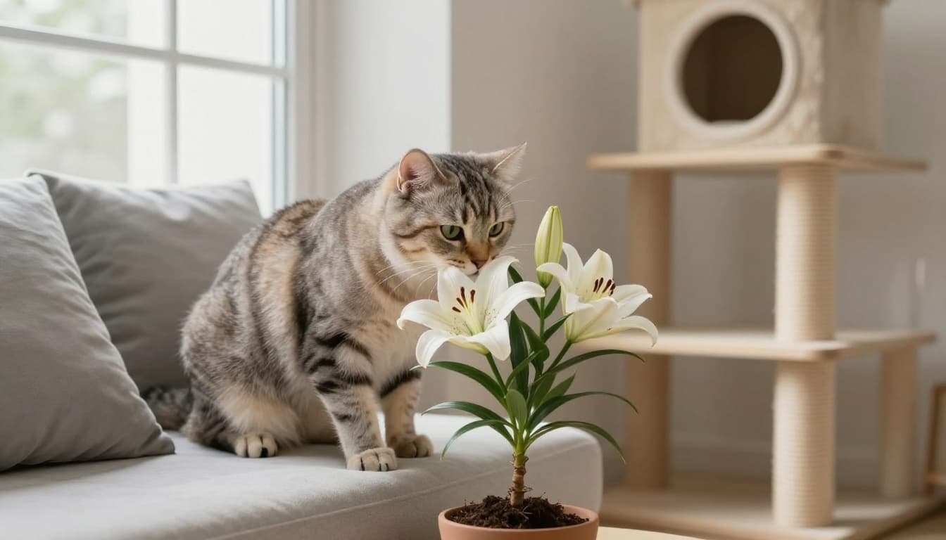 A curious domestic cat sniffs a toxic lily plant on a windowsill in a bright cozy Scandinavian living room, appearing interested as if about to nibble, with minimalist decor and natural light.