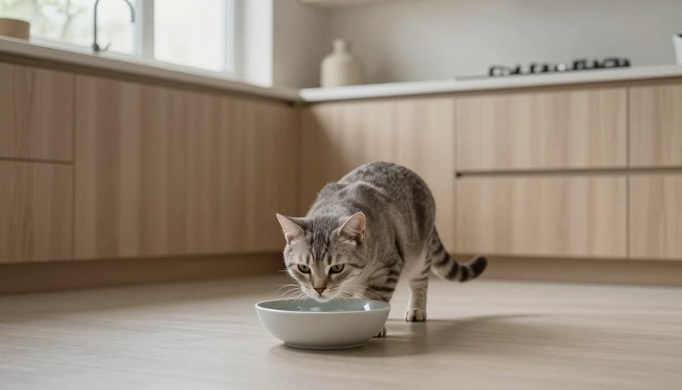 A single adult cat with an alert, concerned expression sniffs a shallow water bowl on the floor of a modern minimalist Scandinavian kitchen, bathed in bright natural light.
