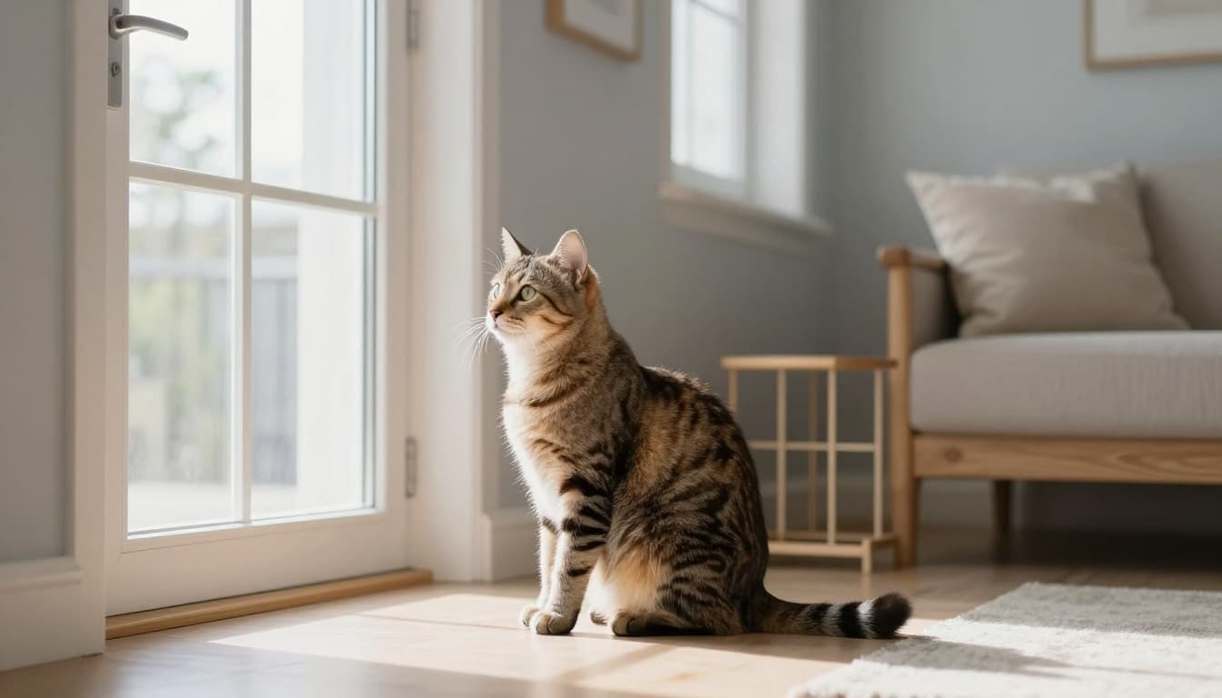 A curious domestic cat sits attentively by the front door in a bright Scandinavian living room with minimalist decor, light wood furniture, and natural light. The cat has perked ears, gazing expectantly as if waiting for its owner, with soft depth of field emphasizing its fur and eyes.