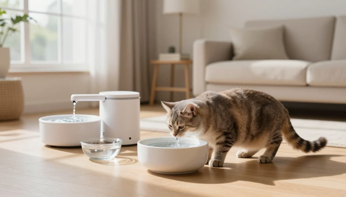 A calm elegant domestic shorthair cat sniffs and drinks from a ceramic bowl, glass dish, and bubbling water fountain in a bright minimalist Scandinavian living room with natural sunlight.