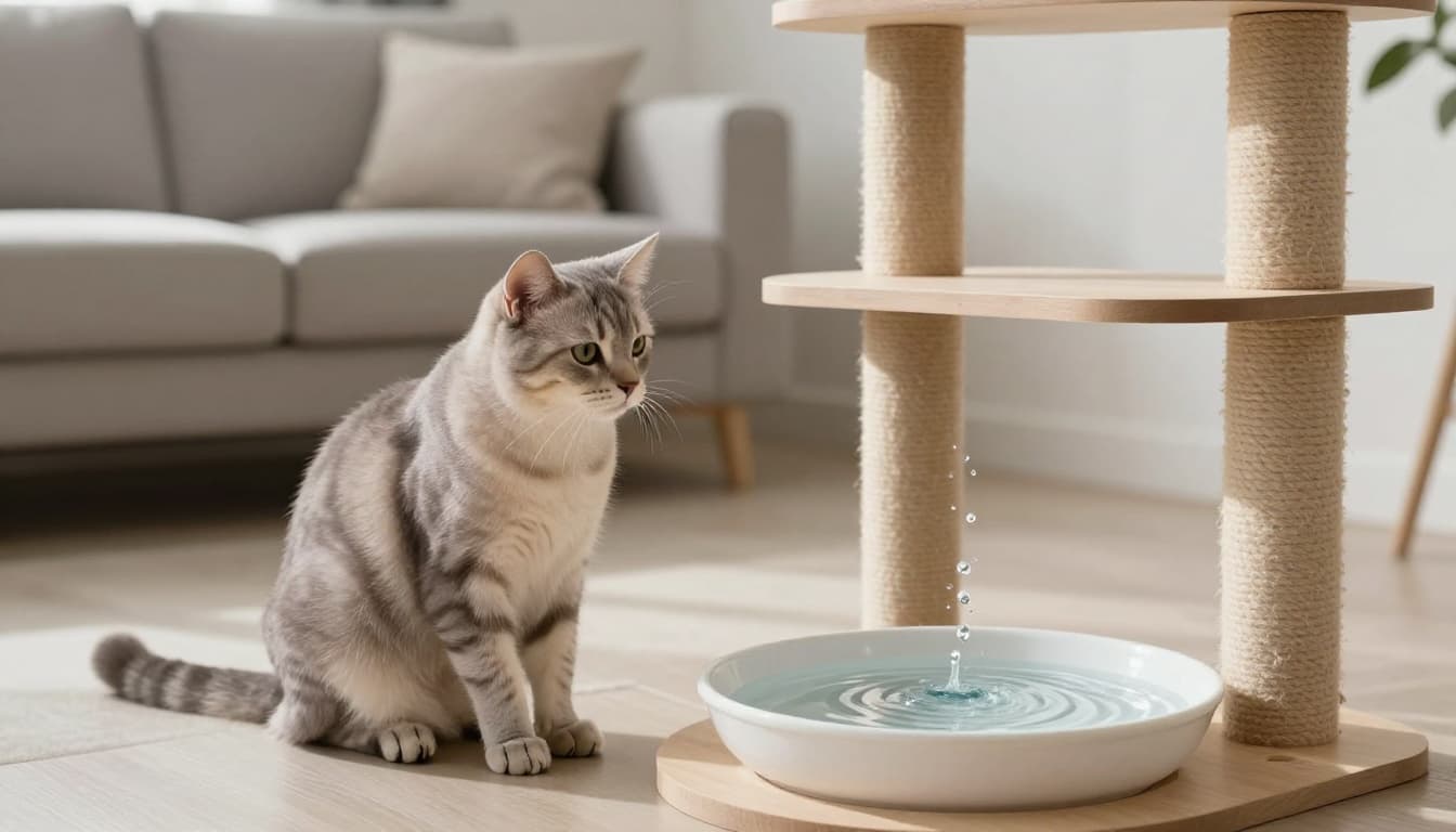 In a bright, minimalist Scandinavian living room with neutral tones and natural light, an elegant adult cat with smooth fur sits calmly near a stylish wooden cat tree, curiously gazing at the rippling water in a nearby fresh water fountain.