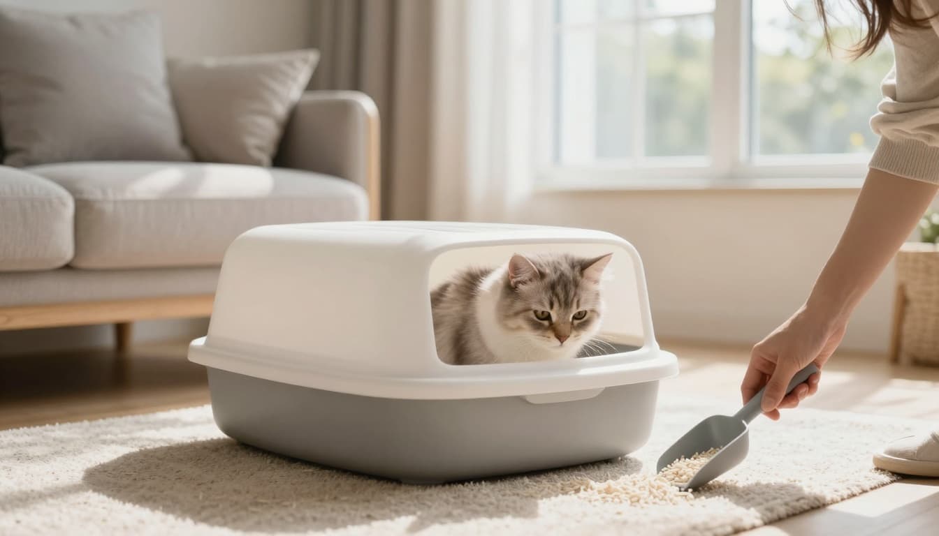 A calm fluffy cat curiously examines its clean litter box in a bright Scandinavian living room with subtle deworming signs visible. Owner's hand gently scoops nearby in a cozy minimalist setting.