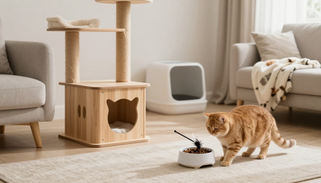 A curious ginger cat engages in a playful session with a feather wand toy near a premium wooden cat tree in a bright, minimalist Scandinavian living room with natural daylight and cozy beige tones.