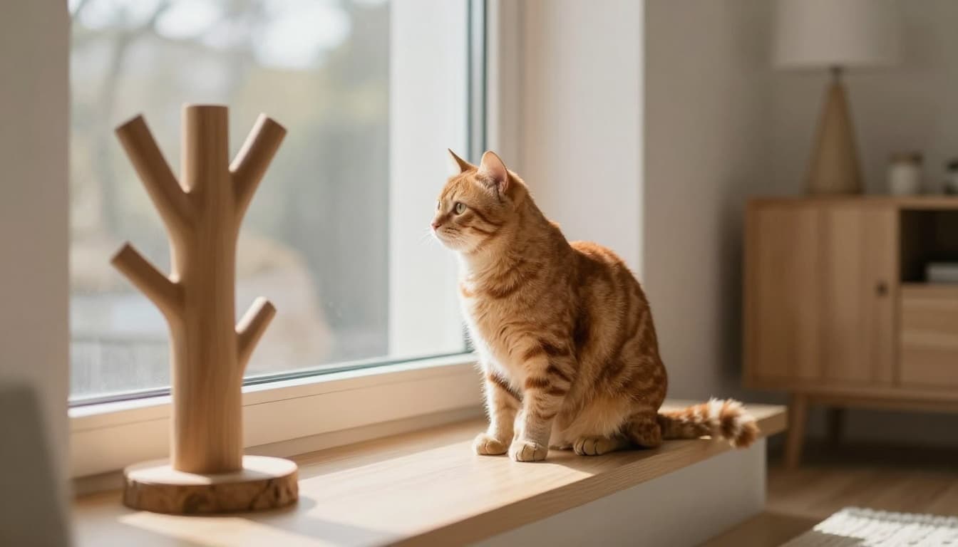 A curious ginger cat peers out the window from a secure windowsill in a cozy Scandinavian apartment, with a massive wooden cat tree nearby. Bright natural light fills the minimalist interior featuring neutral beige, light wood, and soft gray tones, creating a calm and protected atmosphere.