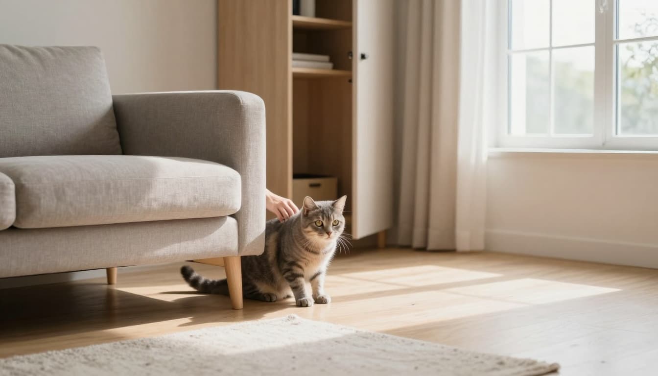 A curious gray tabby cat peeks out from behind a modern sofa in a bright Scandinavian living room with minimalist decor and natural light. A person gently searches under the sofa and into a nearby closet.
