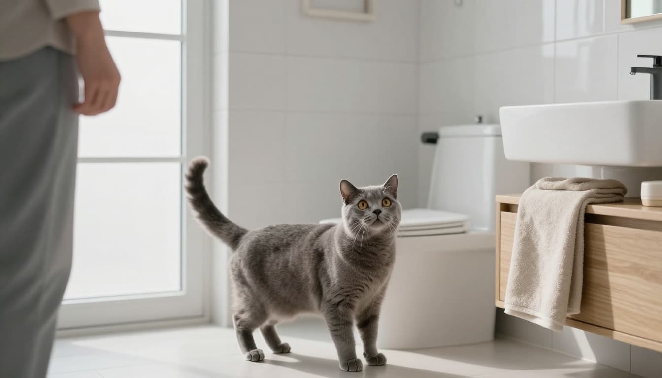 A curious domestic cat with soft grey fur follows its owner into a modern minimalist Scandinavian-style bathroom bathed in natural light from a frosted window.