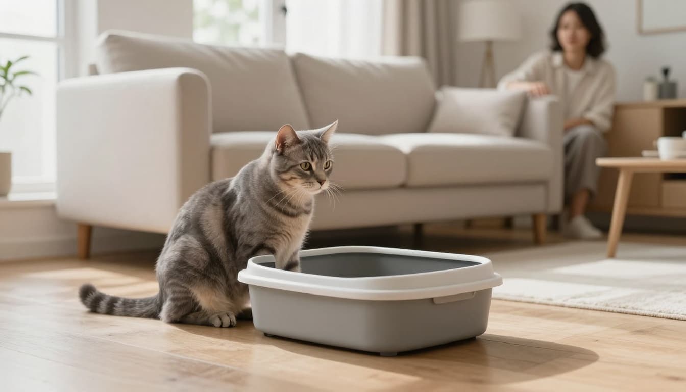 A curious grey tabby cat sits near a sleek, open clean litter box in a bright Scandinavian living room with natural light and minimalist decor.