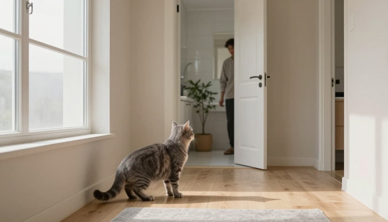 A curious short-haired grey tabby cat stands attentively in a modern Scandinavian-style hallway, gazing towards an open bathroom door where the owner is entering.
