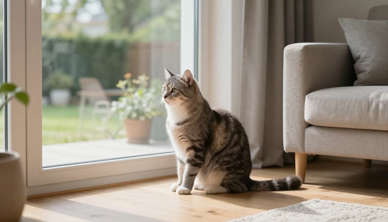 A fluffy healthy indoor cat sits curiously by a large window in a cozy Scandinavian apartment, gazing at the garden outside while staying safely inside.