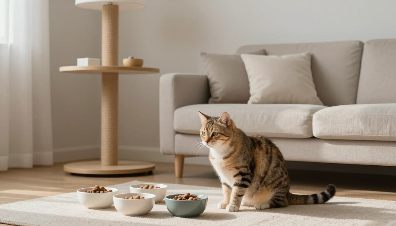 In a minimalist Scandinavian living room with neutral tones and natural light, a young 6-12 month old cat calmly observes multiple bowls of kibble near a stylish cat tree.