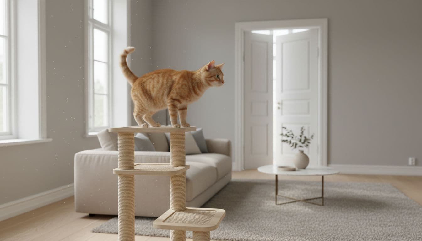 A curious orange tabby cat perches on a stylish light wooden cat tree in a bright Scandinavian living room with minimalist decor, gazing alertly toward the door with a cozy and serene atmosphere.