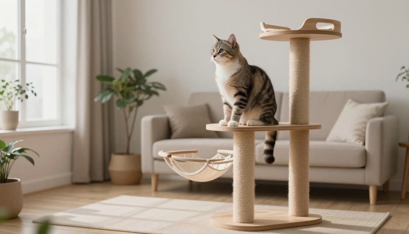 A curious domestic shorthair cat perches on a premium wooden cat tree with platforms and hammocks in a bright Scandinavian living room, gazing thoughtfully toward a sunlit window amid minimalist decor.