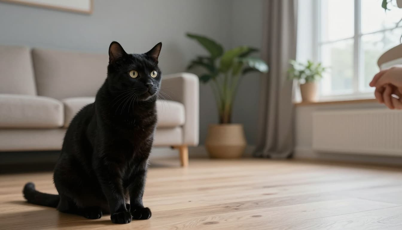 A curious domestic shorthair cat with attentive ears perked up sits on a light wood floor in a bright Scandinavian living room, listening intently as an unseen person speaks softly nearby. The minimalist decor includes a beige sofa, soft grey walls, potted plants, and large windows with natural morning light, creating a warm cozy atmosphere.