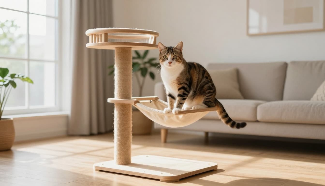 A curious adult shorthair cat perches alertly on a premium solid wooden cat tree with platforms and hammock in a bright modern Scandinavian living room filled with natural light and minimalist decor.