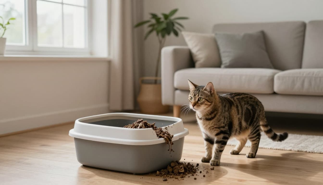 A curious tabby cat stands near a heavily soiled, overflowing litter box in a bright Scandinavian minimalist living room.