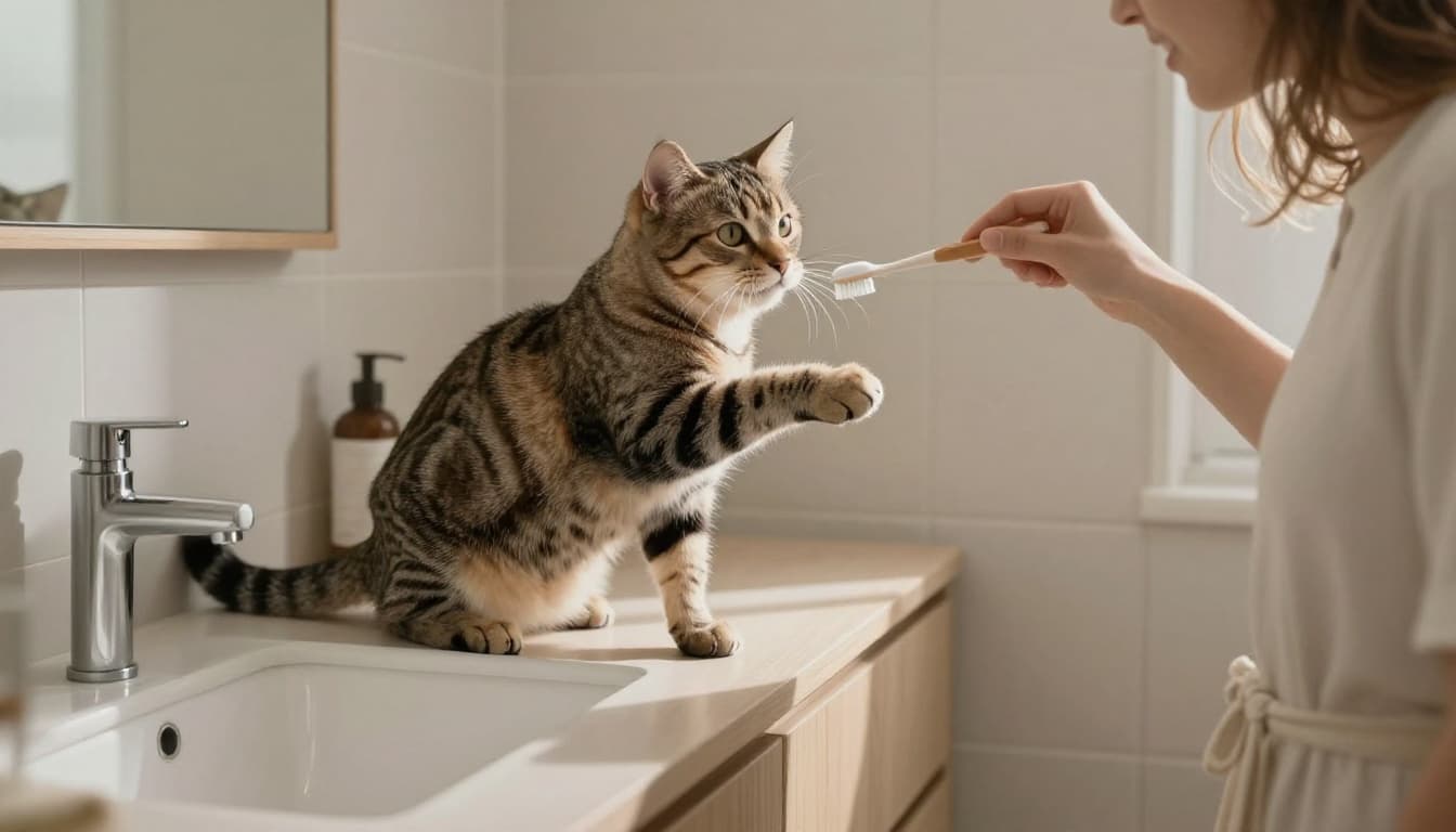 In a luminous Scandinavian bathroom with minimalist decor, a curious tabby cat stands on hind legs extending its paw toward the faucet, imitating the nearby owner brushing teeth. Premium lifestyle photo with soft natural light and cozy warm mood.