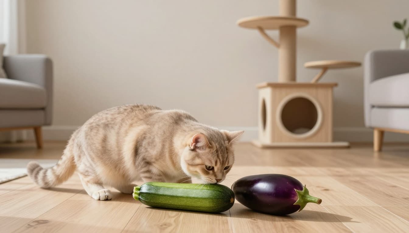 A curious beige tabby cat sniffs a green zucchini and a purple eggplant on the light wooden floor of a modern Scandinavian living room, with a stylish cat tree in the background.