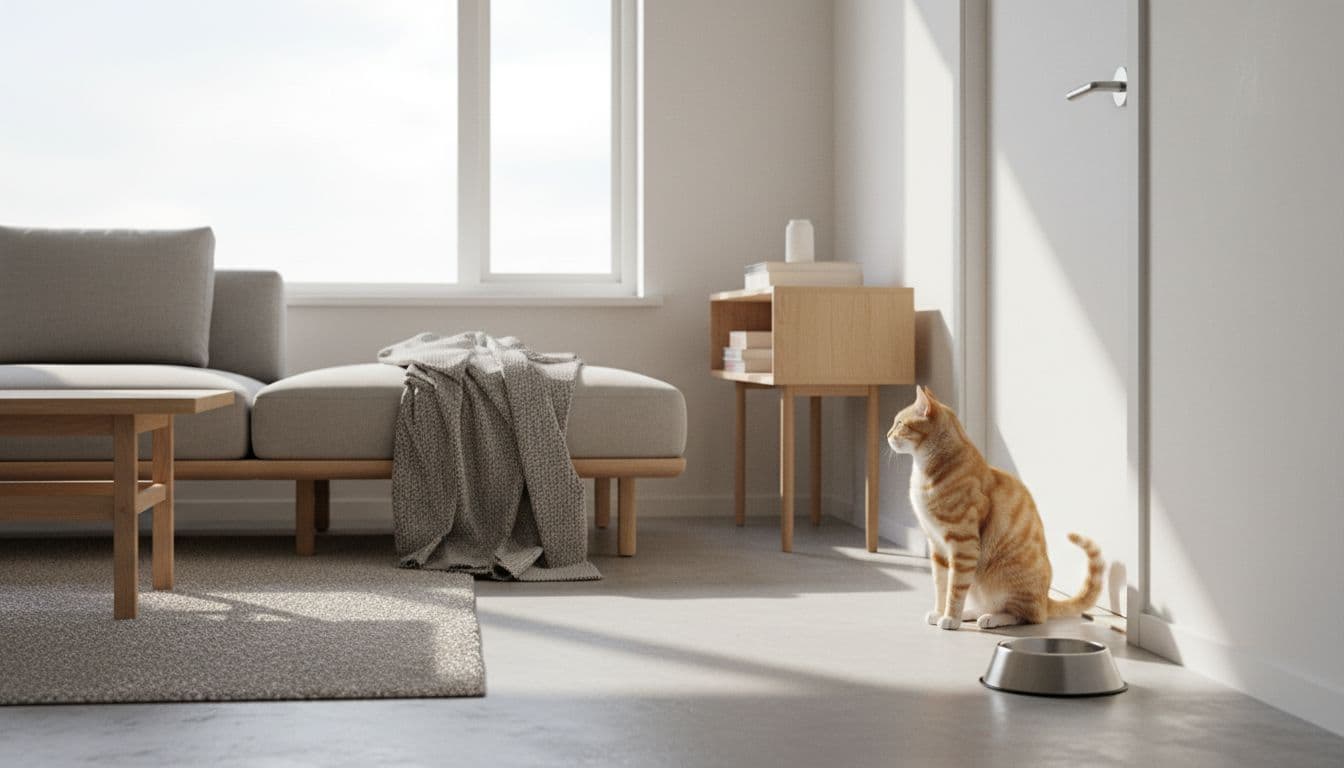 In a bright Scandinavian living room with natural light and minimalist beige wood decor, a curious tabby cat sits near the front door looking expectantly with an empty food bowl nearby.