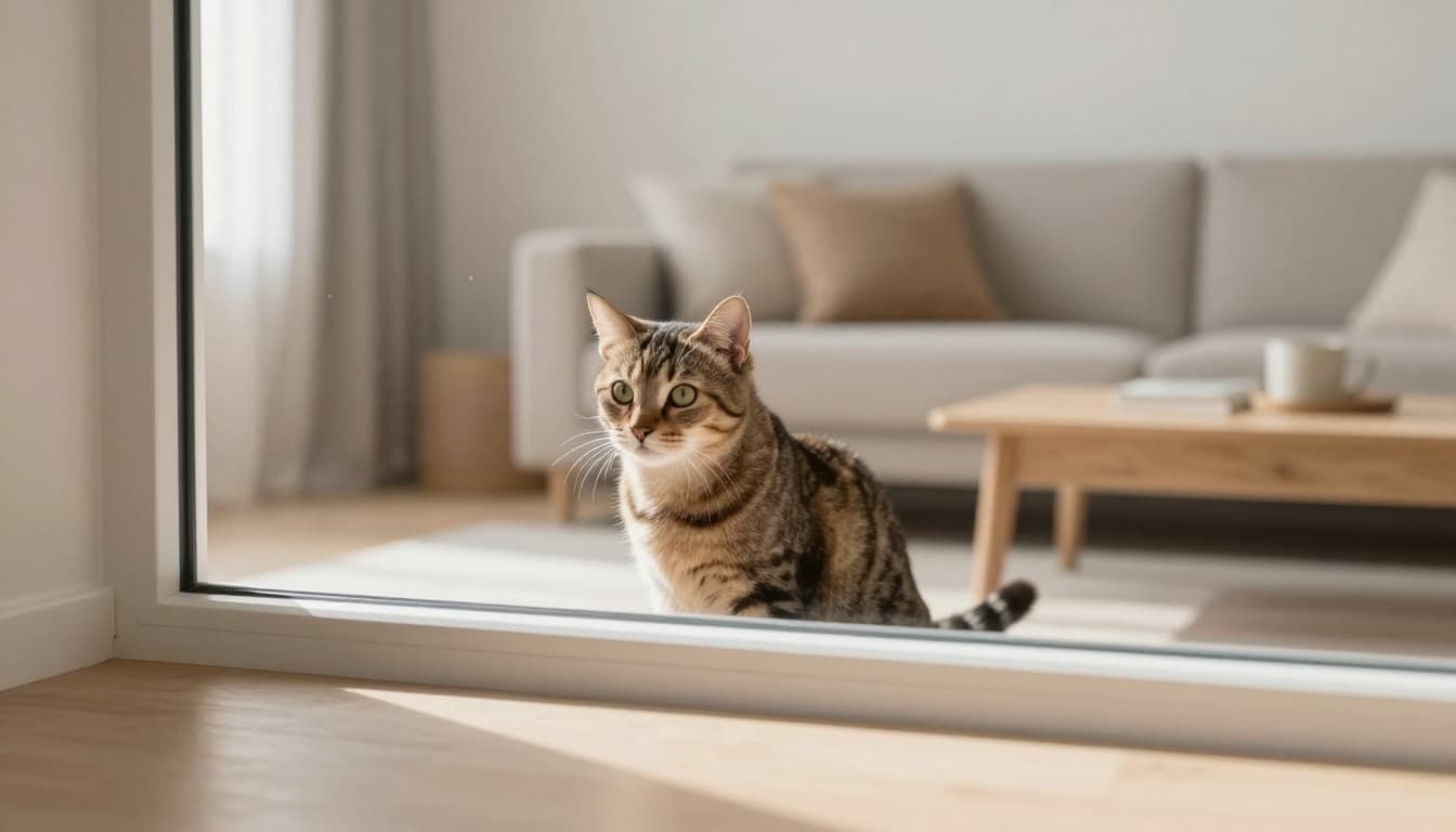 A female tabby cat looks intently through a secure screened window in a minimalist modern Scandinavian living room bathed in soft morning natural light, with light wood furniture, neutral beige and gray tones, and an elegant cat tree in the background.