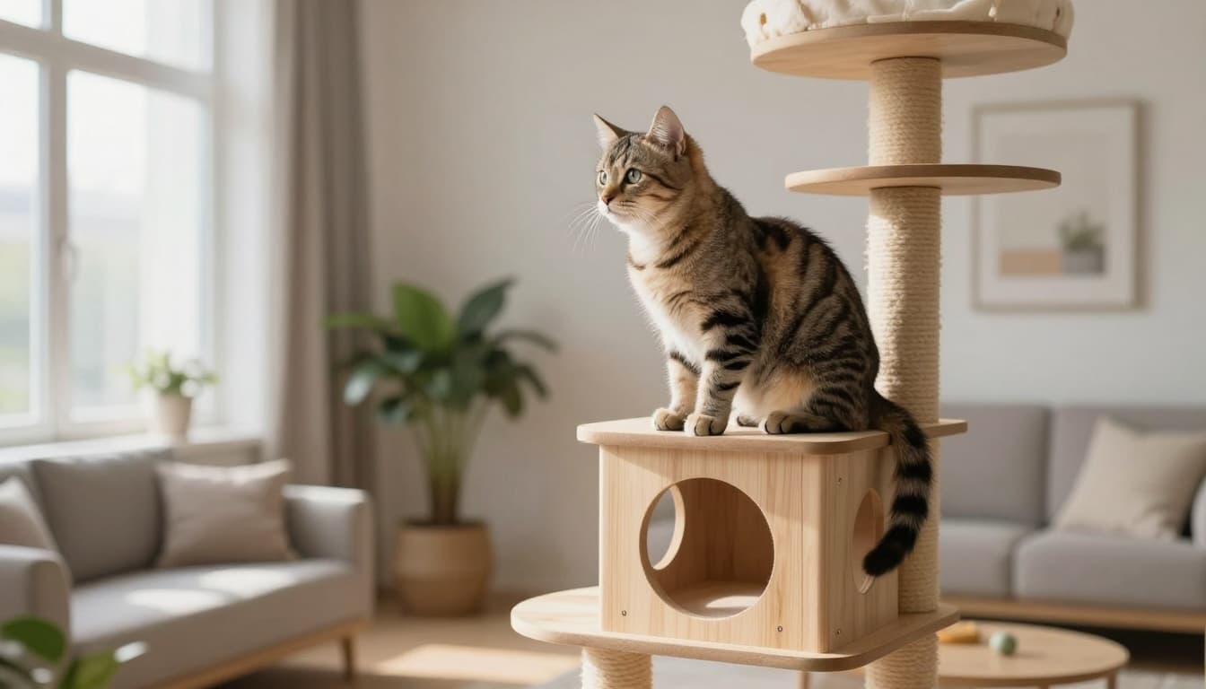 A 6-month-old female kitten, curious and alert, perches on a premium light wood cat tree in a bright modern Scandinavian living room with soft natural light.