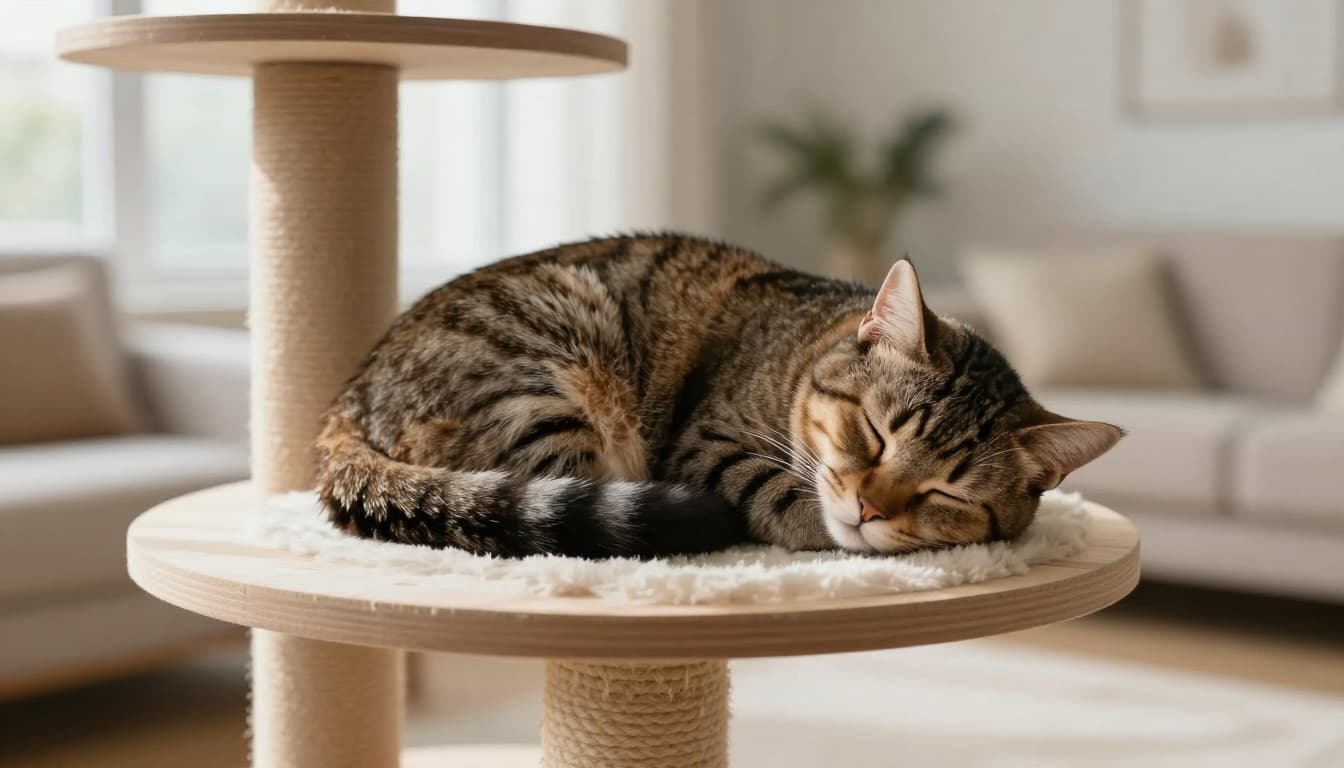 An adult cat in deep sleep, curled into a relaxed ball on a light wood cat tree platform in a cozy minimalist Scandinavian apartment living room with abundant natural light.