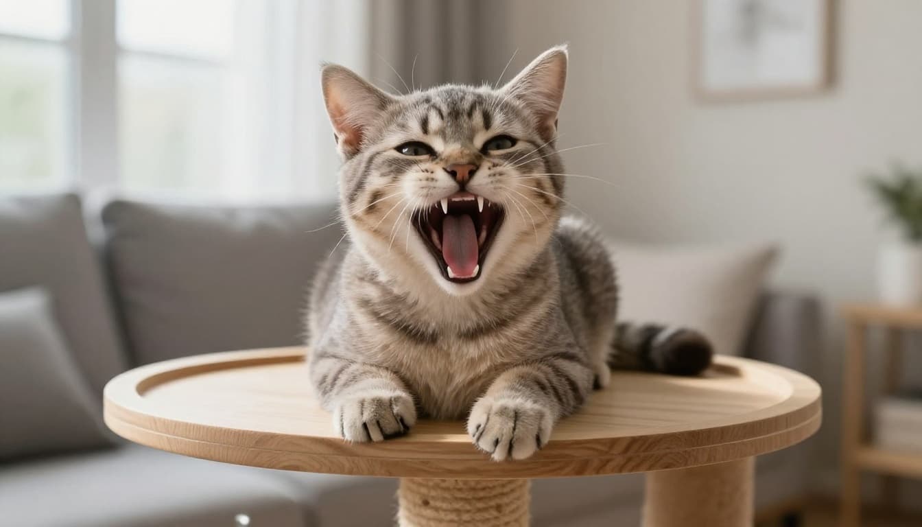 A cute 6-month-old short-haired kitten lounges on a light wood cat tree in a modern Scandinavian living room, yawning widely to reveal its full set of 30 sharp adult teeth including incisors, canines, premolars, and molars.