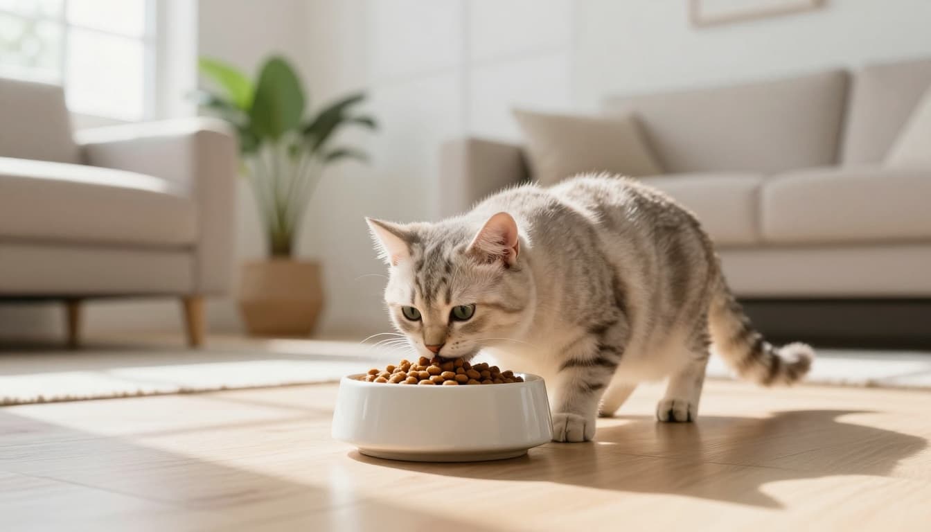 A cute 4-month-old playful kitten with soft fur eats kibble from a modern ceramic bowl on a light wooden floor in a bright Scandinavian living room with natural morning light and minimalist decor.