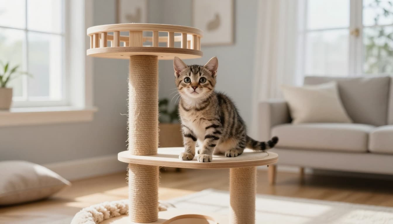 A cute 3-month-old kitten sits playfully on a sturdy wooden cat tree in a bright Scandinavian living room with natural light, minimalist decor, and cozy elements.