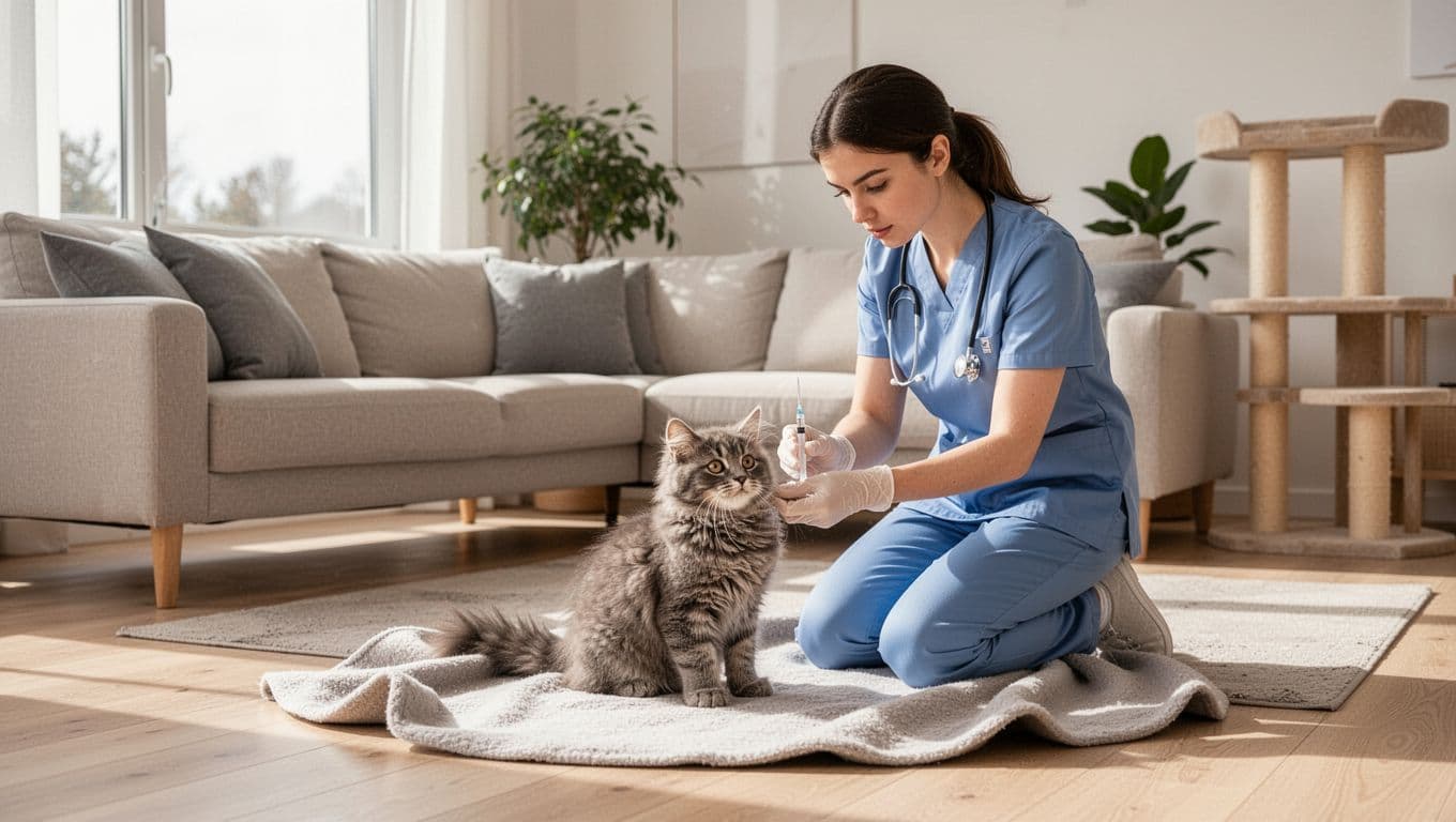 A fluffy grey kitten receives its first vaccination from a kneeling young veterinarian in a cozy modern Scandinavian-style living room. Bright natural light, minimalist decor, and soft focus create a warm, premium lifestyle atmosphere.